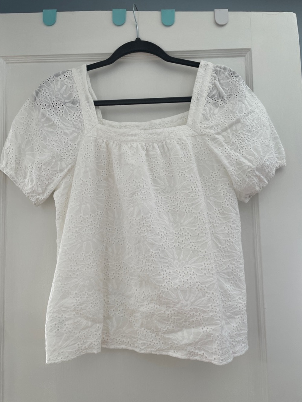 LOFT White Eyelet Square Neck Puff Sleeve Blouse